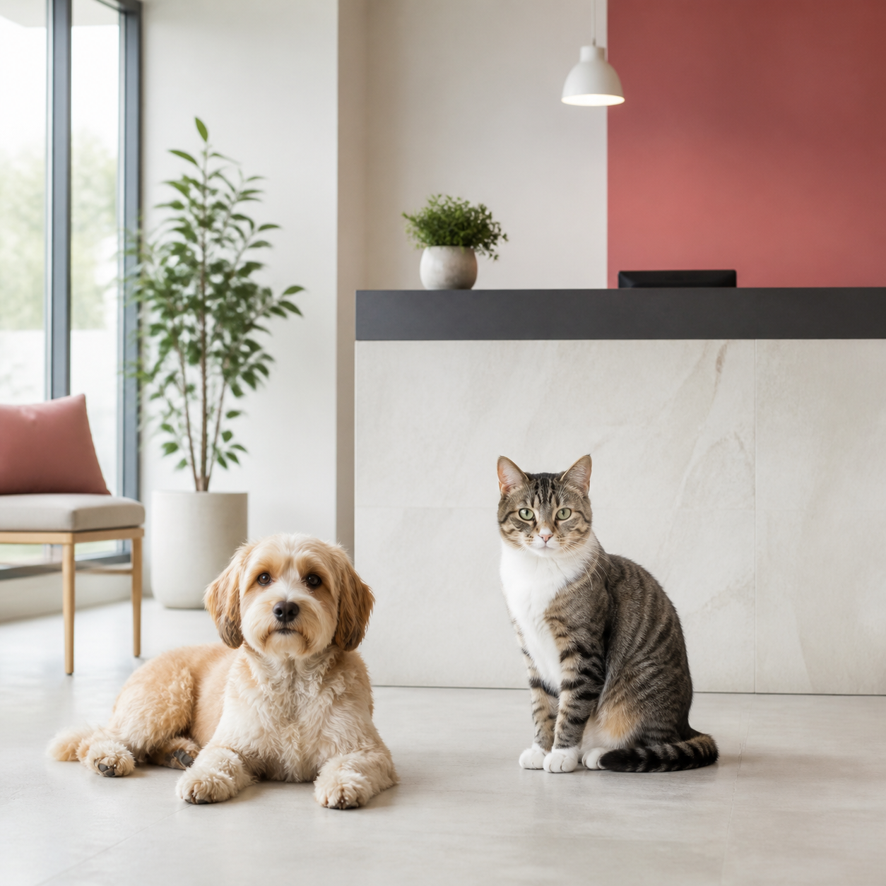 Kedi ve köpeğin bulunduğu aydınlık klinik ortamı